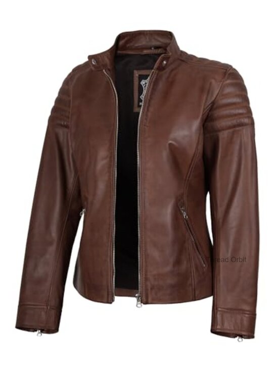 Jackets & Blazers - Real Lambskin Leather Jacket - Cafe Racer Style for Women - Zipper Closure